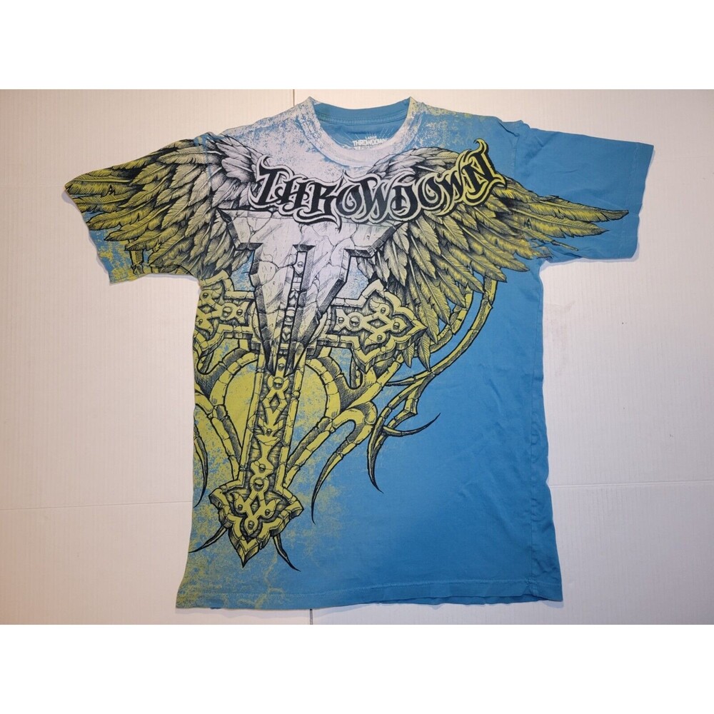 Throwdown Premium Cross Wings Blue Gold Double-sided‎ MMA Spellout Logo Mens L